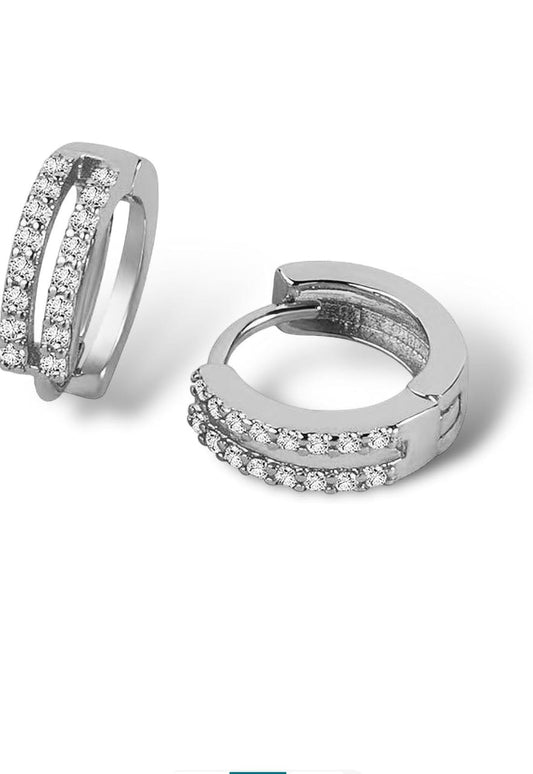 Classic Double Line Zircon Silver Huggie Earrings