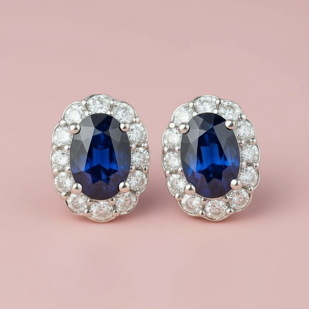 Royal Blue Sapphire Halo Stud Earrings