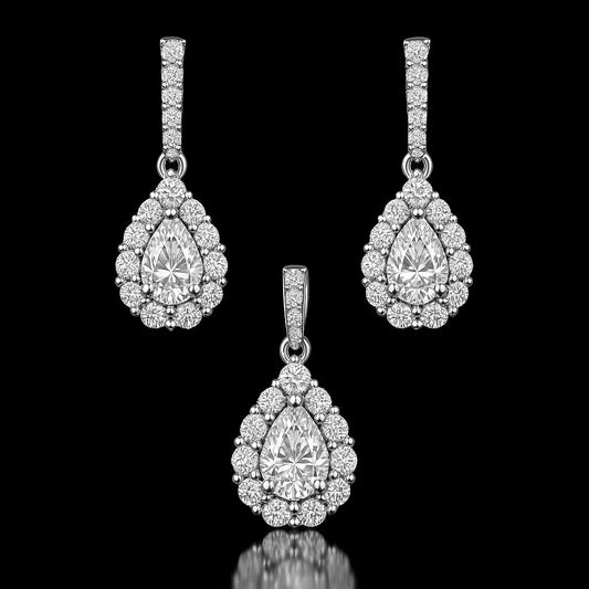 Teardrop Halo Pendant & Earring Set