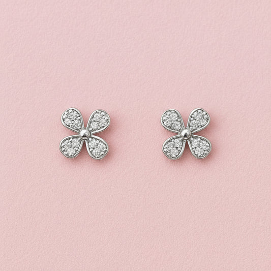 Elegant Silver Zircon Petal Stud Earrings – Minimal Floral Design