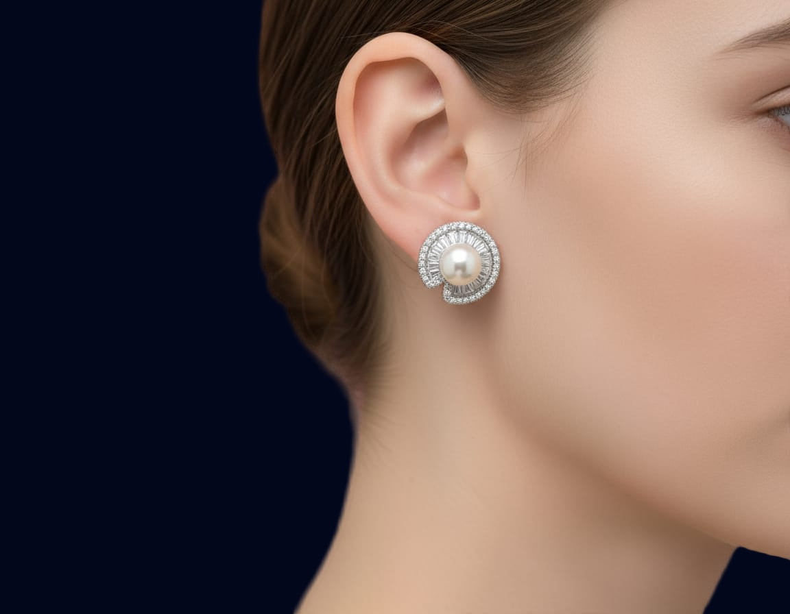 Elegant Silver Pearl and Baguette Stone Stud Earrings