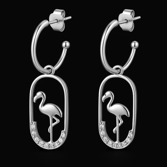 Flamingo Charm Hoop Earrings | 925 Silver Crystal Edition
