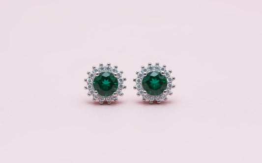 Emerald Green Halo Stud Earrings | 925 Silver Sparkle Collection