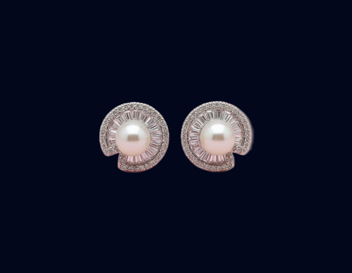 Elegant Silver Pearl and Baguette Stone Stud Earrings