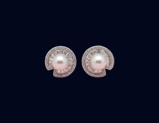 Elegant Silver Pearl and Baguette Stone Stud Earrings