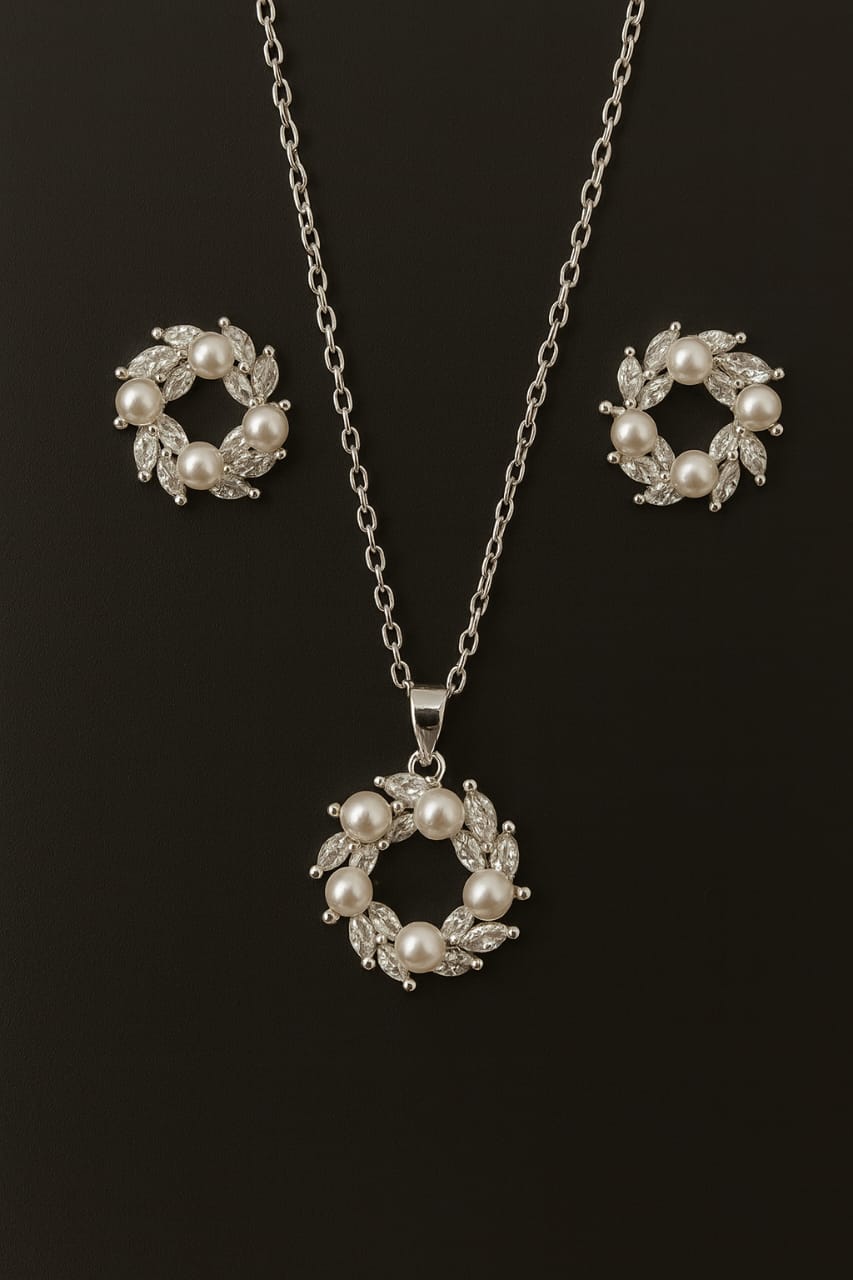 Graceful Halo Pearl & CZ Pendant Set