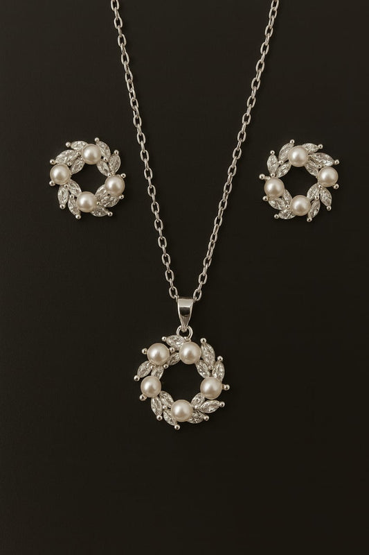 Graceful Halo Pearl & CZ Pendant Set
