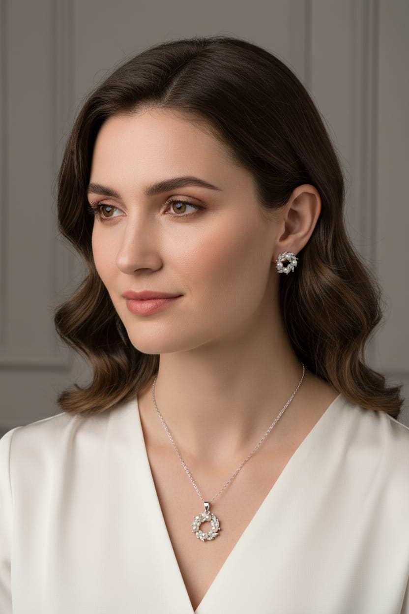 Graceful Halo Pearl & CZ Pendant Set