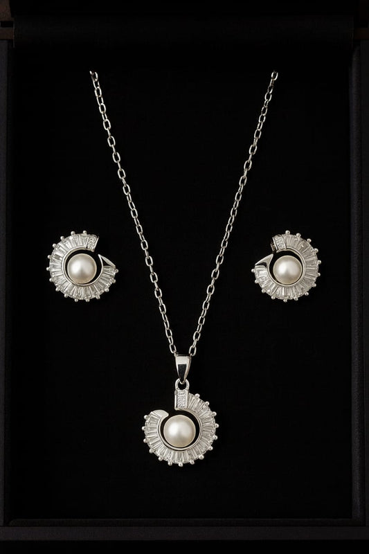Radiant Swirl Pearl & CZ Pendant Set